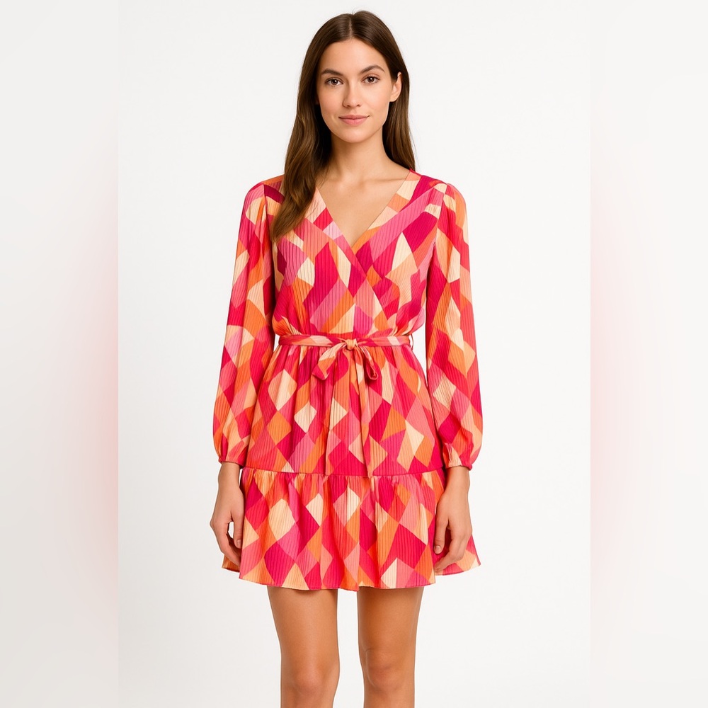 Nicole Miller NY Pleated Mini Dress Size L Multicolor Abstract V-Neck